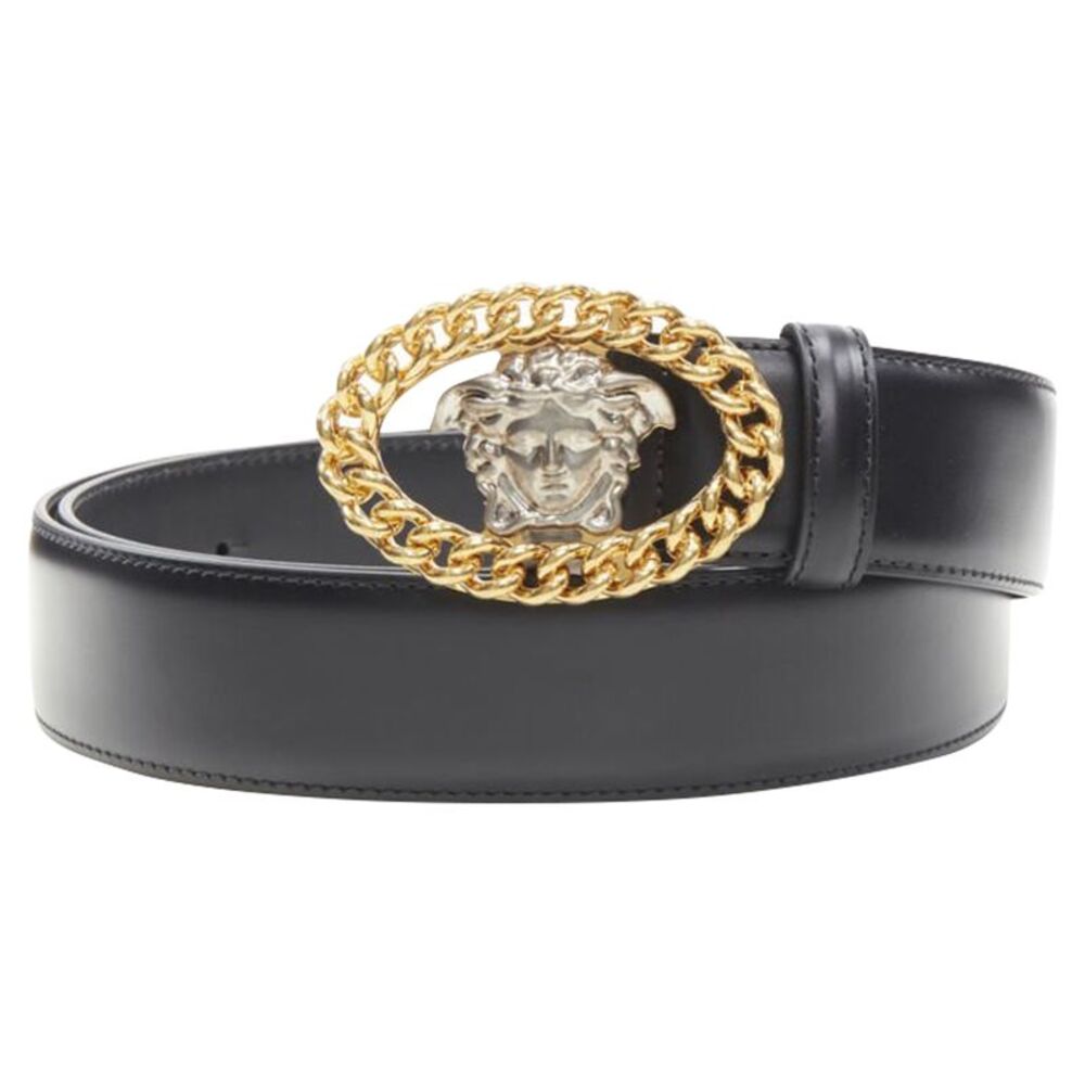 Versace Medusa chain silver buckle leather belt